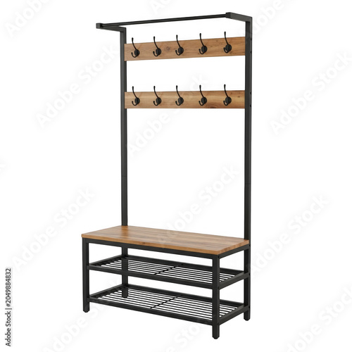 Modern black metal shelving unit with wooden shelves