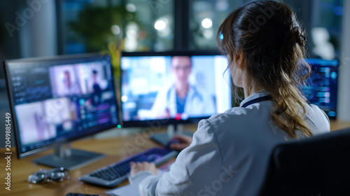 Female doctor in white coat reviewing patient records on dual monitors while video calling a colleague in a dark modern medical office during a late telemedicine shift