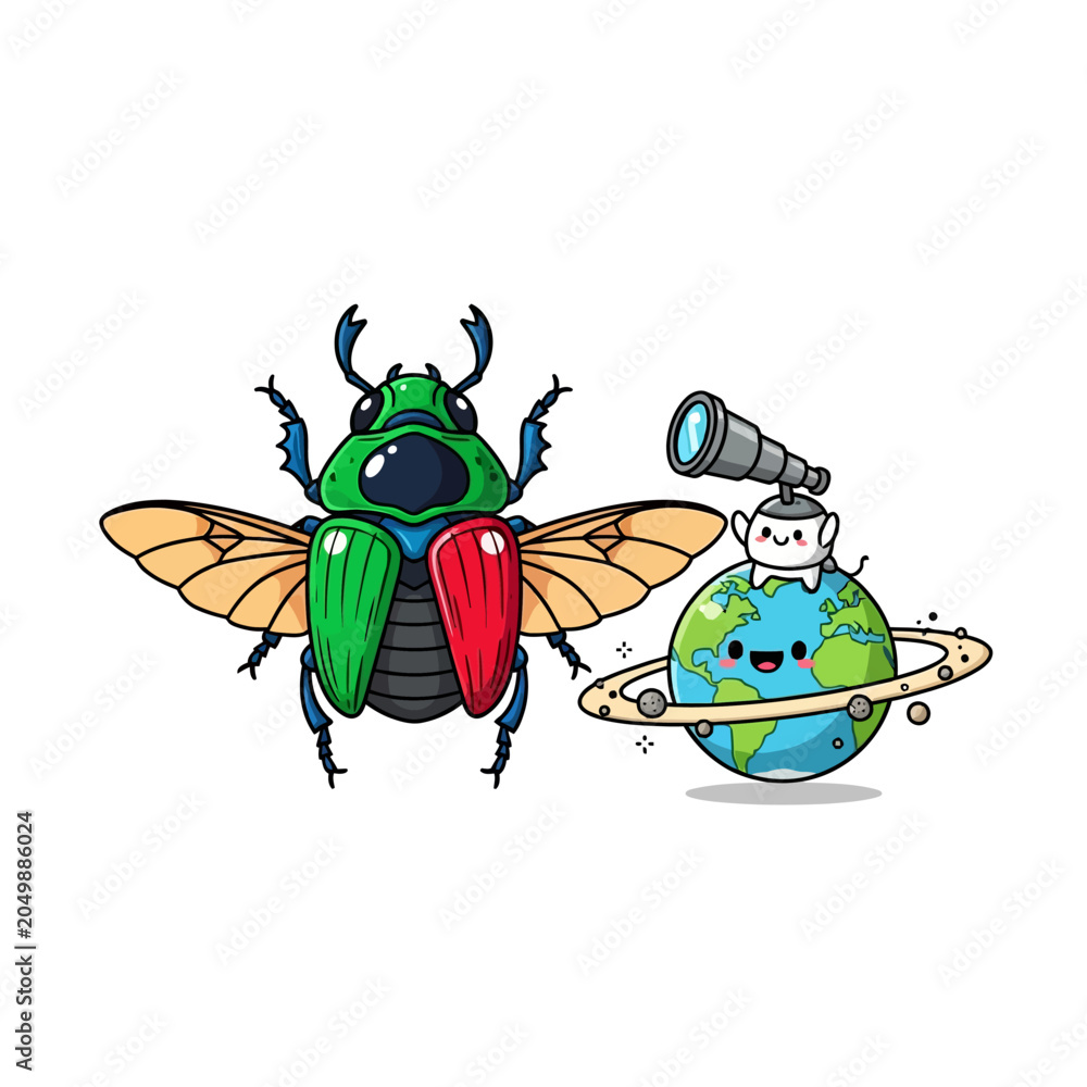 Obraz premium Cute Cartoon Beetle and Happy Earth with Telescope Illustration