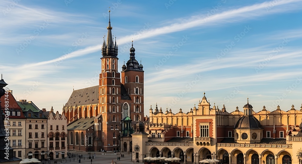 Obraz premium Historic market square with tall gothic basilica at sunset