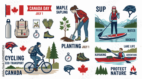 Canada themed outdoor activity and nature stamps including cycling and kayaking.