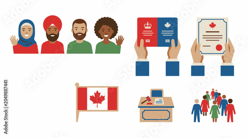 Canadian citizenship and immigration icons representing multicultural identity and government.