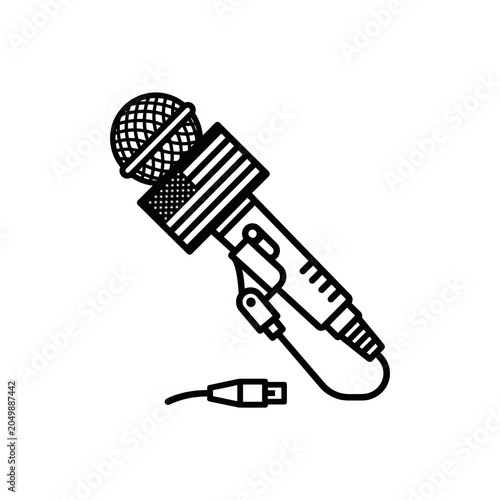 Canadian broadcast microphone line art illustration with maple leaf flag.