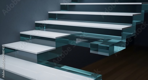 Modern glass staircase, floating steps, minimalist interior design, architectural detail