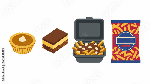 Canadian comfort food and dessert icons including poutine pie and fries.