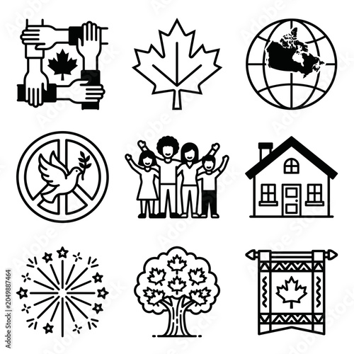 Canadian culture and community icons including maple leaf and diverse people.