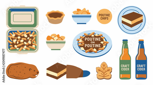 Canadian food and drink vector illustration set including poutine and maple syrup treats.
