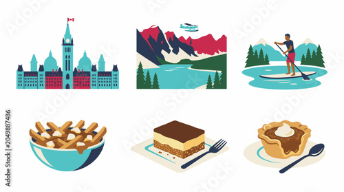 Canadian culture and travel icons featuring landmarks nature and traditional food.