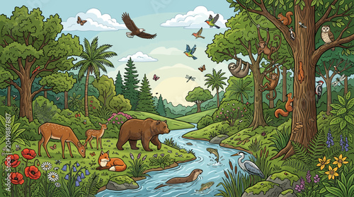 Photography Vibrant Forest Ecosystem with Diverse Wildlife and Lush Greenery