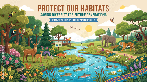 Canvas Print Vibrant Ecosystem Illustration: Diverse Wildlife & Nature Protected for Future G