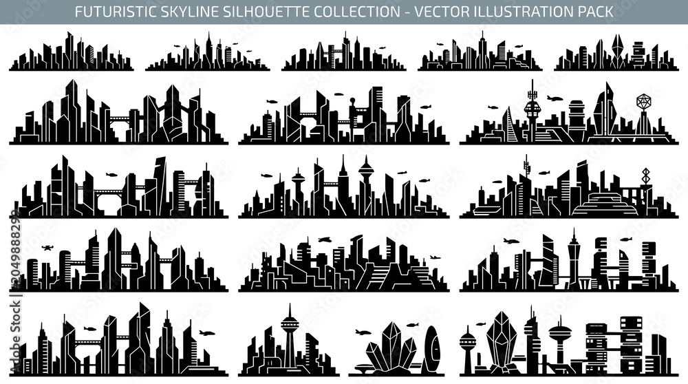Fototapeta premium Futuristic Skyline Silhouette Collection – Minimalist Black Vector Illustrations of Modern and Sci-Fi Cityscapes
