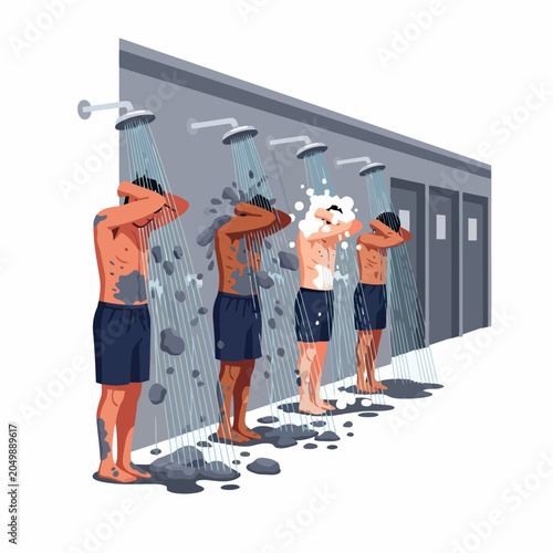 Diverse group of men showering in a communal shower facility.