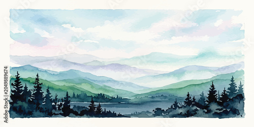 Fotografia Hand painted watercolor misty mountains and pine forest scenery with watercolor
