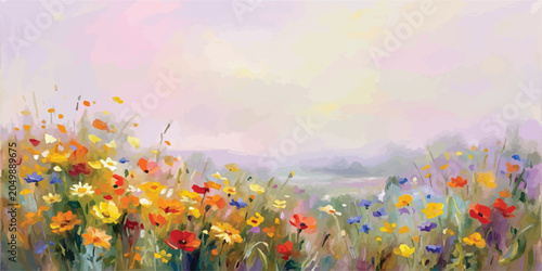 Impressionist oil painting of a wildflower meadow at sunset with wildflowers painting impressionism landscape colorful botanical pastoral romantic brushstrokes textured background painterly