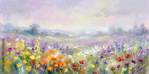 Fotografía Rolling countryside wildflower meadow oil painting with wildflowers landscape pa