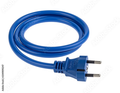 A blue electrical cord coiled with a two-pronged plug on a white background