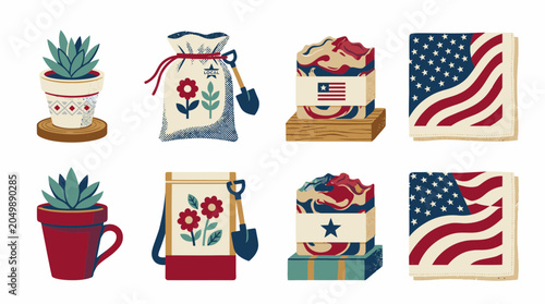Charming set of patriotic American themed home decor and garden illustrations.