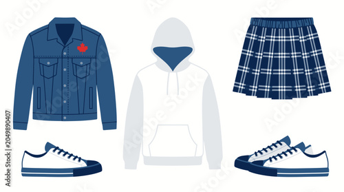 Casual fashion apparel set featuring denim jacket and sneakers.