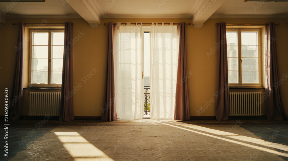 Fototapeta premium Empty Room With Sunlight Streaming Through Windows and Curtains tn4a