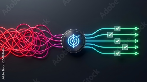 Process optimization and simplifying complexity concept with tangled red lines transforming into organized green checkmark arrows through a central target node