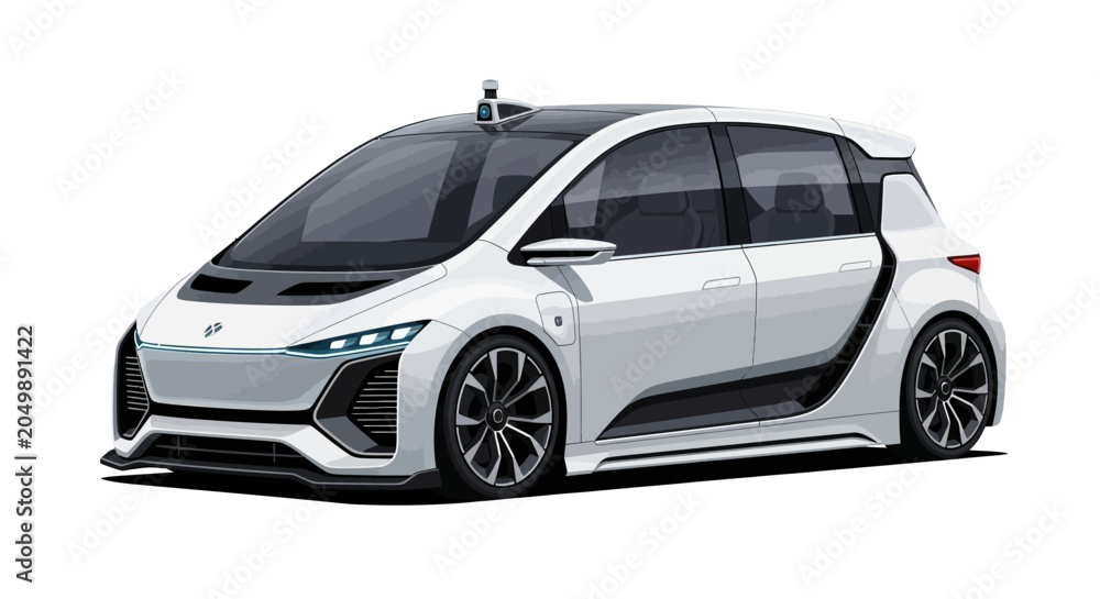 Fototapeta premium Futuristic autonomous electric car, white concept vehicle with lidar sensor