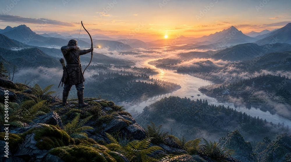 Obraz premium Archer Silhouetted Against Sunrise Over a Misty Mountain Valley
