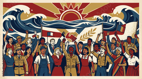 Obraz na plátne Diverse people celebrate unity and progress with sun, waves, and handshake symbo