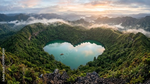 Heart Shaped Volcanic Crater Lake in Remote Rainforest at Sunrise