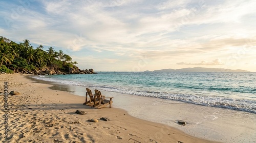 Deserted tropical beach at sunset with wooden chairs by the turquoise ocean