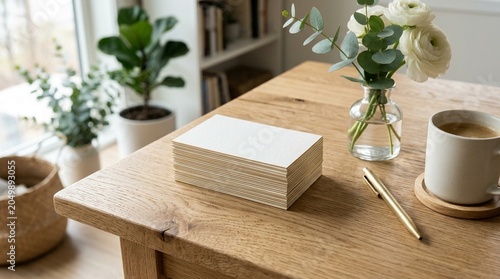 Clean, Modern Wood Desk with Stack of Blank Cards and Office Supplies