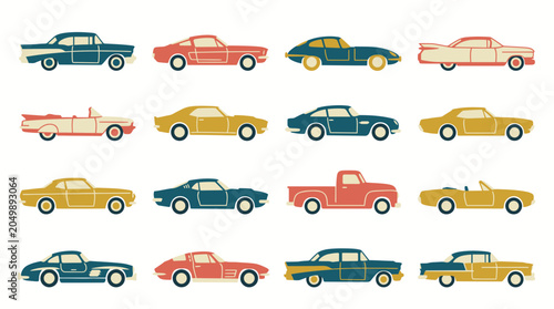 Classic retro vintage cars in various colors and styles flat icon collection.
