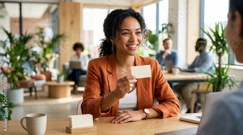Businesswoman Hands Over Business Card in Modern Open-Plan Office
