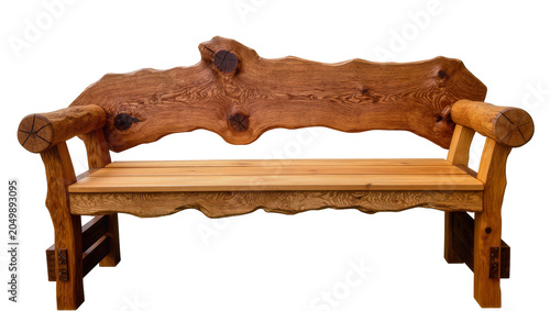 Photos Rustic wooden bench with live edge backrest and log armrests, isolated on transp