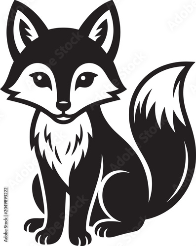 Fotografija Stylized cartoon black fox with white accents and bushy tail sitting peacefully