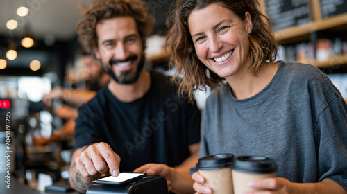 Commercial stock photo of a young couple at a bright modern coffee shop counter, man tapping blank-screen smartphone on an unbranded terminal to pay while woman holds two takeaway