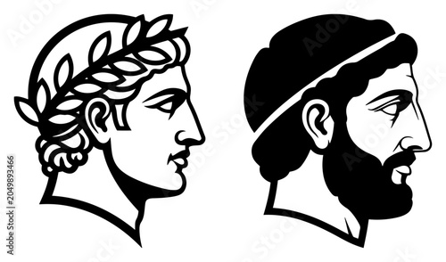 Foto Ancient Greek and Roman male head profiles in classical vector line art style