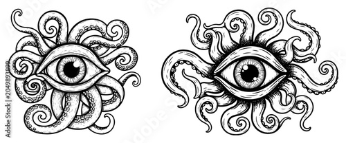 Foto Eye with octopus tentacles mystical symbol in vintage engraving style
