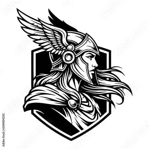 Foto Valkyrie female warrior with winged helmet on shield crest in graphic mascot sty