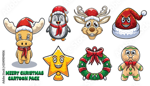 Cute Christmas Characters Vector Clip art Pack Merry Christmas Cartoon Sticker Pack