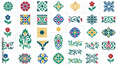 Collection of colorful geometric tile patterns with floral and ornamental motifs.