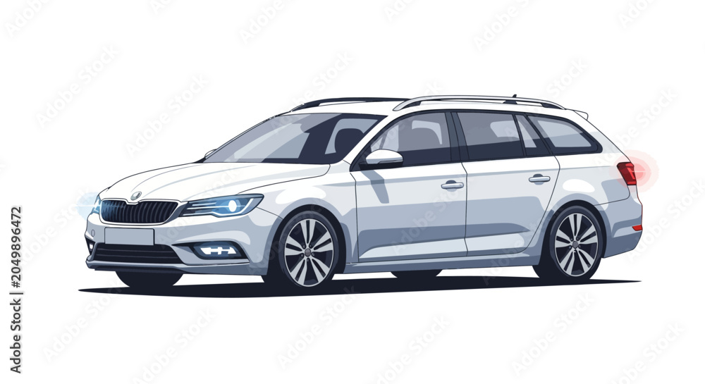 Naklejka premium Sleek white station wagon car on white background, modern design, urban mobility