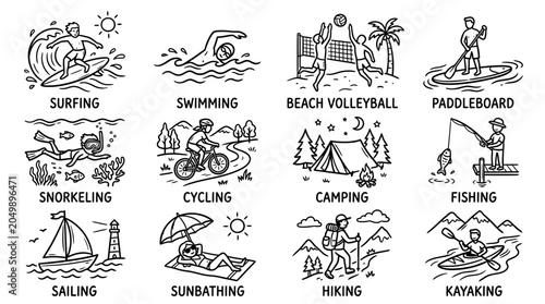 Black and white line drawings of various summer recreational activities.