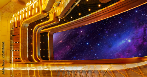 a futuristic sci-fi spaceship bridge, highlighting a massive panoramic window looking out into deep space