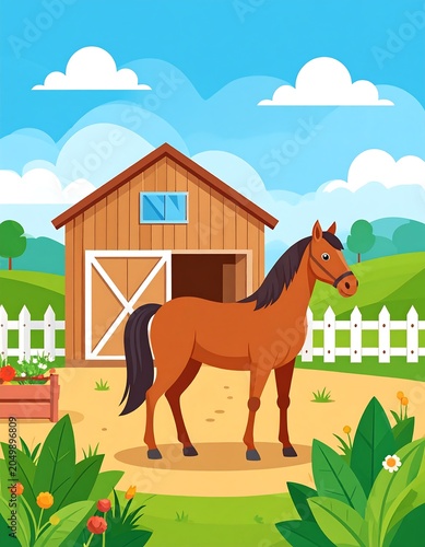 A brown horse standing on dirt in front of a wooden barn