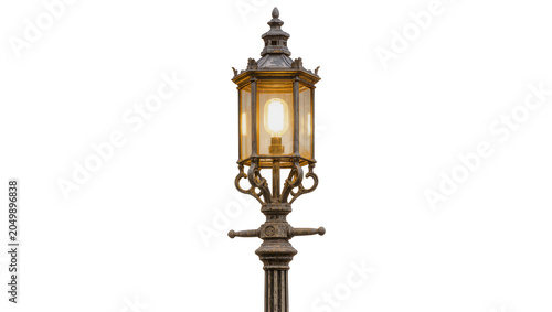 Obraz na płótnie Antique ornate gas lamp with glowing filament bulb, isolated on transparent back