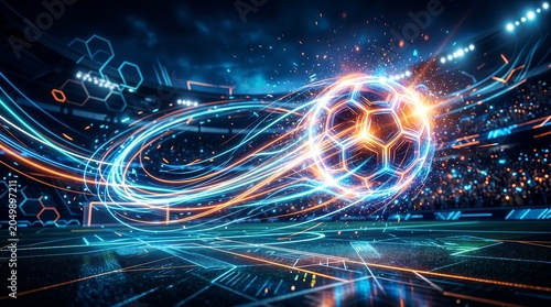 Glowing futuristic soccer ball flying through a high tech digital stadium with neon light trails and energy effects for modern sports background