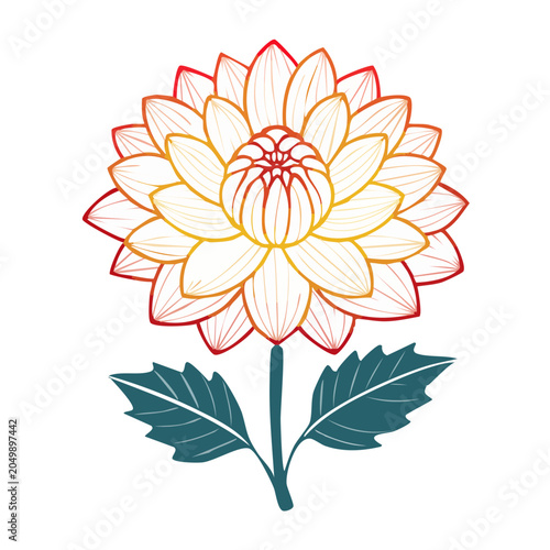 Stylized Dahlia Flower Illustration with Gradient Petals and Leaves