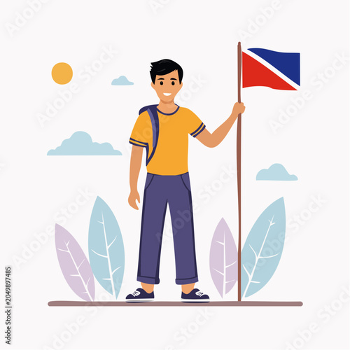 Young man holding a flag with a backpack