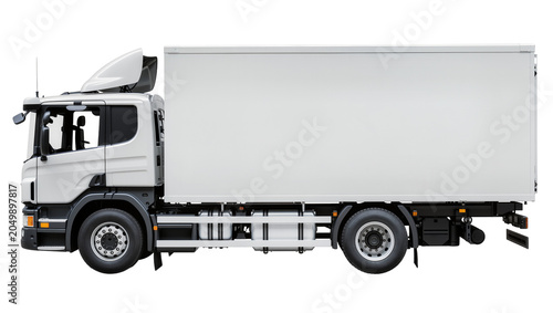 Photos White refrigerated box truck with aerodynamic cab spoiler, isolated on transpare