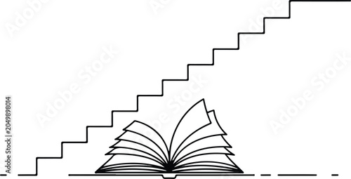 Fotografie Minimalist line art illustration of open book with stairs rising from pages